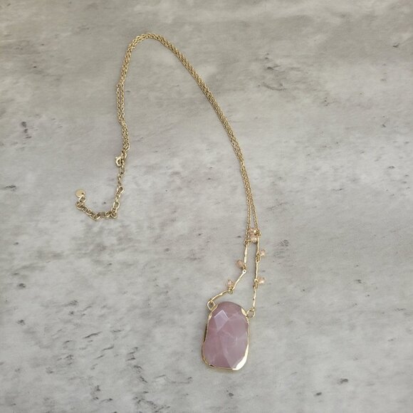 Gold Tone Necklace Faceted Rose Quartz Pendant Crystal Beads Layered Chain 18in - Picture 2 of 10